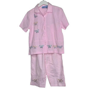 Jane Ashley vintage M pink +‎ sequin butterflies cotton 2 piece top + capri pant